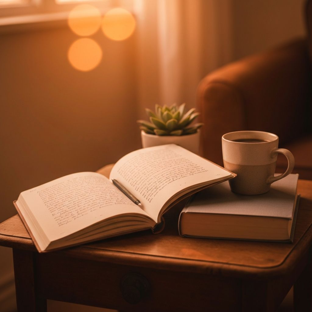 A journal, coffee, and books — a glimpse into Dominique's personal world